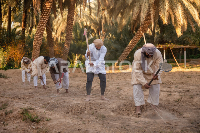 توارث مهنة الفلاحة, مزرعة أشجار النخيل في المملكة, حرفة شعبية تراثية, زراعة وتشجير الأراضي السعودية, إحياء ذكرى تأسيس الدولة السعودية الأولى 1727 م, يوم بدينا 22 فبراير, فلاحون عرب خليجيون سعوديون يرتدون الزي التقليدي يقومون بحراثة الأرض