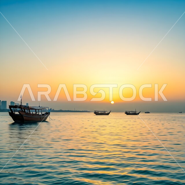 منظر غروب الشمس فوق مياه الخليج العربي, مجموعة من قوارب الداو  التقليدية تبحر في وسط البحر الأحمر في المملكة العربية السعودية, وجهة ترفيهية سياحية ساحلية مشهورة