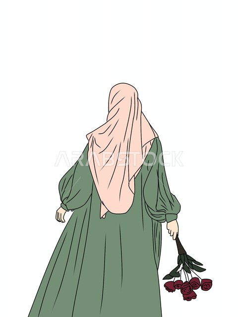مفهوم حب الطبيعه, تقديم الورد الأحمر, صورة كرتونية من الخلف لفتاة عربيه خليجيه سعودية محجبة تحمل بيدها باقة من ازهار الجوري, خلفية بيضاء