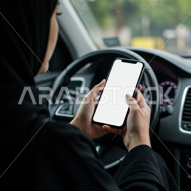 مفهوم الاعتماد على النفس والاستقلاليه، القيادة في الشوارع والطرق العامة، صورة مقربة لسيده سعودية تجلس داخل سيارتها تحمل هاتف محمول بشاشة بيضاء فارغة، تتبع الطريق عبر الانترنت، اعتماد المرأه على نفسها في التنقل والمواصلات