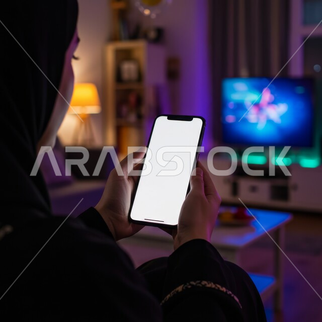 Using a modern and advanced technical device, a close-up image of a veiled Saudi Arabian Gulf woman holding a mobile phone in her hand in the living room, displaying a blank white screen via the mobile, the concept of browsing social networking sites on the Internet