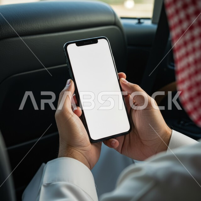 خدمة النقل الآمنة, استخدام التقنية الحديثة لطلب التاكسي من خلال تطبيق التوصيل, صورة مقربة لسائق عربي خليجي سعودي يجلس في السيارة و يمسك الهاتف المحمول بيده, مفهوم القيادة في السعودية, عرض شاشة بيضاء فارغة عبر الجوال
