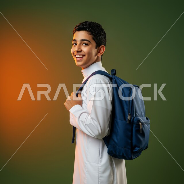 المثابرة لتحقيق التفوق والنجاح، الاستعداد لبدء العام الدراسي الجديد بتعابير السرور، مفهوم التعليم في السعودية، بورتريه لطالب عربي خليجي سعودي يرتدي الثوب التقليدي ويحمل حقيبة الظهر المدرسية، خلفية خضراء