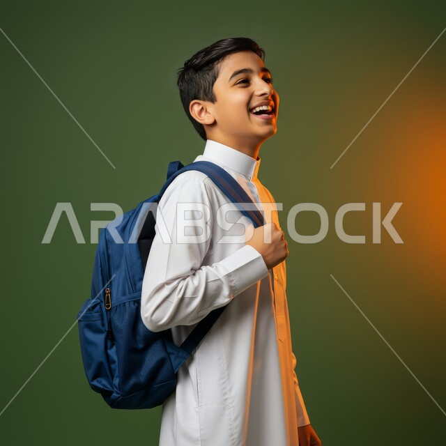 الاستعداد لبدء العام الدراسي الجديد بتعابير السرور، مفهوم التعليم في السعودية، بورتريه لطالب عربي خليجي سعودي يرتدي الثوب التقليدي ويحمل حقيبة الظهر المدرسية، المثابرة لتحقيق التفوق والنجاح، خلفية خضراء