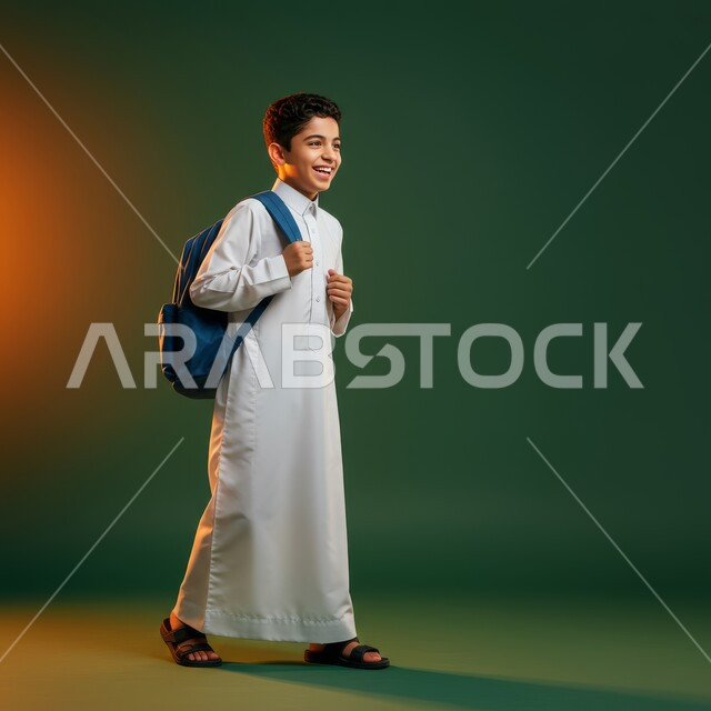 مفهوم التعليم في السعودية، ايماءات السير والتوجه الى المدرسة، بورتريه لطالب عربي خليجي سعودي يرتدي الثوب التقليدي ويحمل حقيبة الظهر المدرسية، الاستعداد لبدء العام الدراسي الجديد بتعابير السرور، المثابرة لتحقيق التفوق والنجاح، الطول الكامل للجسم، خلفية خضراء