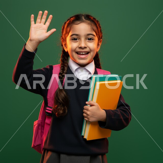 الشعور بالنشاط والاستعداد للدوام, المثابرة لتحقيق التفوق والنجاح، النظر إلى الكاميرا بإيماءات السعادة ببداية العام الدراسي الجديد, بورتريه مقرب لفتاة عربية خليجية سعودية ترتدي اليونيفورم المدرسي وتحمل حقيبة الظهر المدرسية والكتب الدراسية، خلفية خضراء