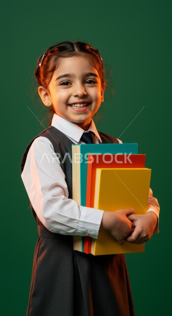 المثابرة لتحقيق التفوق والنجاح، النظر إلى الكاميرا بإيماءات السعادة ببداية العام الدراسي الجديد, الشعور بالنشاط والاستعداد للدوام, بورتريه مقرب لفتاة عربية خليجية سعودية ترتدي اليونيفورم المدرسي وتحمل الكتب الدراسية، خلفية خضراء