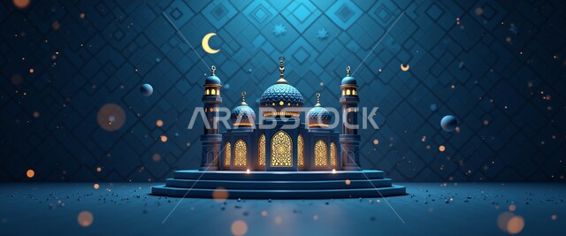 تصميم اسلامي ديني، مجسم ثلاثي الابعاد لمسجد على الطراز العربي، زينة وديكور الاعياد والمناسبات الدينية، العبادة والتقرب الى الله في شهر رمضان المبارك، أجواء رمضانية روحانية، منظر الهلال في السماء