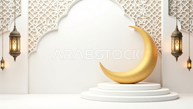 ديكور وتصميم ثلاثي أبعاد لهلال شهر رمضان المبارك مع فوانيس معدنية ذهبية مزخرفة مضيئة، زينة واكسسوار رمضاني في مناسبة دينية، الاحتفال والتهنئة بقدوم شهر الخير ، خلفية بيضاء