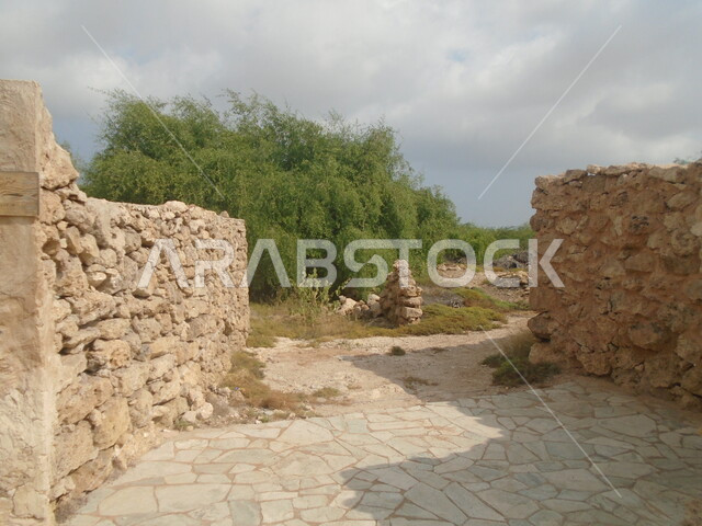 Attracting and attracting tourists from all over the world, a mud house in Al-Qassar village in Jazan city, a famous landmark and tourist place, interest in planting trees and green plants, buildings on the ancient heritage in Farasan Governorate in the Kingdom of Saudi Arabia