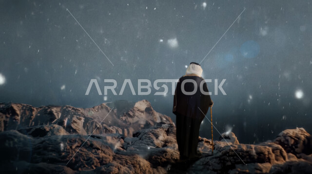 التفكر والتطلع لمستقبل زاهر في المملكة, ذكرى تاسيس الدوله السعوديه الاولى ١٧٢٧ م، صورة من الخلف لرجل كبير السن عربي خليجي سعودي يرتدي الغترة والبشت يمسك بيده العكاز يقف على الصخور، هطول الثلج على المرتفع الجبلي في الليل، يوم بدينا ٢٢ فبراير، رؤية مستقبلية 2030