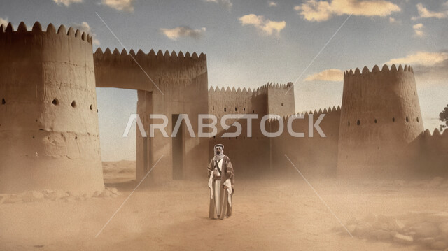 يوم بدينا ٢٢ فبراير، اظهار الفخر والاعتزاز بالانتماء للوطن, ذكرى تاسيس الدوله السعوديه الاولى ١٧٢٧ م، رجل عربي خليجي سعودي يرتدي الغترة والبشت يقف أمام قلعة تاريخية ينظر الى الكاميرا بإيماءات الثقة بالنفس، حصن تراثي أثري على الطراز القديم