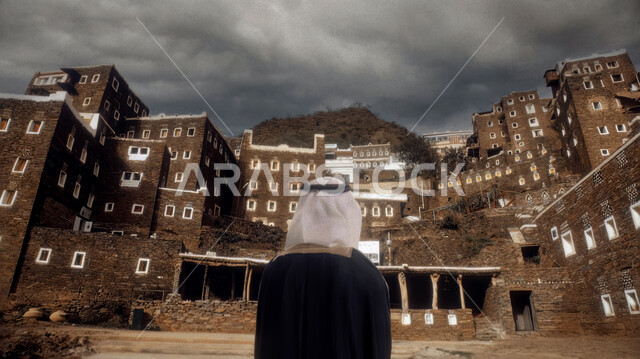 Showing pride and honor in belonging to the homeland, the anniversary of the founding of the first Saudi state 1727 AD, a picture from the back of a Saudi Gulf Arab man wearing a ghutra and a bisht looking at the historic village of Rijal Almaa in the Asir region, a building and a heritage house in the old style, the day we started February 22, future vision 2030