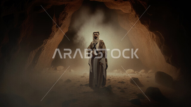 Pride and honor of belonging to the homeland, the anniversary of the founding of the first Saudi state 1727 AD, a smiling Saudi Gulf Arab man wearing a ghutra and a bisht standing inside a rock cave looking at the camera with gestures of self-confidence, the formation and rock formation in the Kingdom, the day we started, February 22