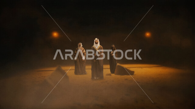 الفخر والاعتزاز بالانتماء الى الوطن, ذكرى تاسيس الدوله السعوديه الاولى ١٧٢٧ م، رجلان وسيدة عرب خليجيين سعوديين ينظرون الى الكاميرا بإيماءات الثقة بالنفس، ارتداء الزي الشعبي في المناسبة الوطنية، اظهار الولاء للبلاد، يوم بدينا ٢٢ فبراير, الوقوف على الرمال الذهبية في الصحراء