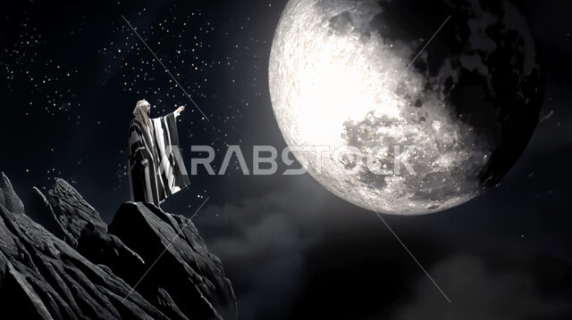 التفاؤل بالمستقبل المزدهر للمملكة، الفخر والاعتزاز بالانتماء للوطن, ذكرى تاسيس الدوله السعوديه الاولى ١٧٢٧ م، صورة من الجانب لرجل عربي خليجي سعودي يرتدي زي المناسبة الوطنية يقف على جبل صخري يرفع يده يحاول لمس القمر، يوم بدينا ٢٢ فبراير