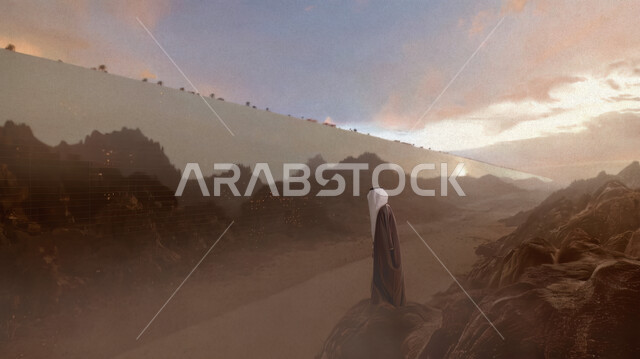 التشكيل والتكوين الصخري في المملكة، الفخر والاعتزاز بالانتماء للوطن, ذكرى تاسيس الدوله السعوديه الاولى ١٧٢٧ م، صورة من الجانب لرجل عربي خليجي سعودي يرتدي الغترة والبشت يتجول في صحراء العلا بين الجبال والمرتفعات الصخريه، يوم بدينا ٢٢ فبراير