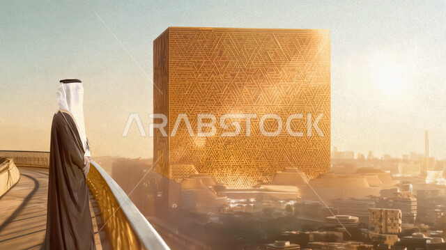 الوقوف باستعداد و الاعتزاز بالهوية السعودية, النمو و التطور العمراني, رجل عربي خليجي سعودي يرتدي البشت و الغترة يقف أمام مشروع معماري في مدينة الرياض في النهار, ذكرى تأسيس الدولة السعودية الأولى 22 فبراير, يوم بدينا 1727م