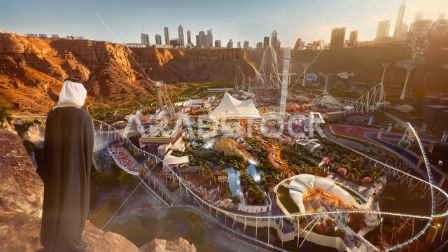 رؤية مستقبلية 2030، ذكرى تاسيس الدوله السعوديه الاولى 1727 م، صورة من الخلف لرجل عربي خليجي سعودي يرتدي الغترة والبشت ينظر الى مدينة ملاهي ترفيهية، اظهار الفخر والاعتزاز بالانتماء للوطن, يوم بدينا 22 فبراير، منظر تخيلي للنمو والتقدم العمراني في المملكة