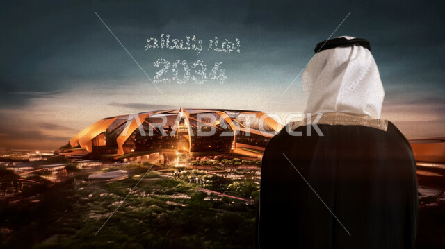 A global sports destination to host the 2034 World Cup, the anniversary of the founding of the first Saudi state 1727 AD, a close-up photo from the back of a Saudi Gulf Arab man wearing a ghutra and a bisht looking at a lit stadium at night in the Kingdom, showing pride and honor in belonging to the homeland, the day we started February 22