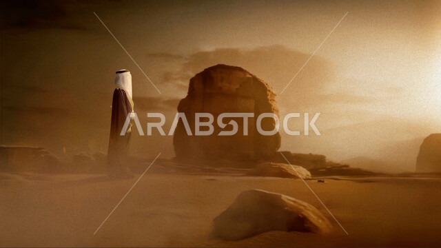 التكوين والتشكيل الصخري في المملكة، الفخر والاعتزاز بالانتماء للوطن, ذكرى تاسيس الدوله السعوديه الاولى ١٧٢٧ م، صورة من الجانب لرجل عربي خليجي سعودي يرتدي الغترة والبشت ينظر الى مدائن صالح في العلا، يوم بدينا ٢٢ فبراير