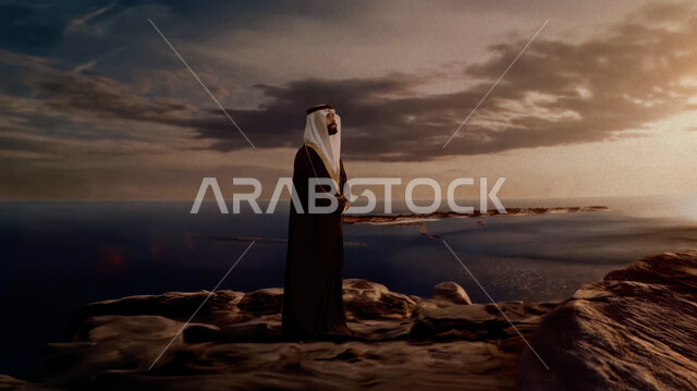 التفكر والتطلع لمستقبل زاهر في المملكة, ذكرى تاسيس الدوله السعوديه الاولى ١٧٢٧ م، صورة من الجانب لرجل عربي خليجي سعودي يرتدي الغترة والبشت يقف على هضبة صخرية ينظر الى شيء ما، التأمل في السماء، يوم بدينا ٢٢ فبراير, رؤية مستقبلية 2030