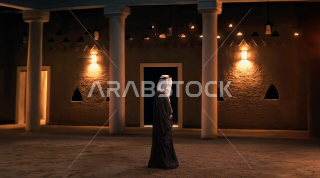 ذكرى تاسيس الدوله السعوديه الاولى ١٧٢٧ م، صورة من الجانب لرجل عربي خليجي سعودي يرتدي الغترة والبشت يتنقل في متحف تاريخي ليلا، حصن وقلعة تراثية طينية على الطراز القديم, اظهار الفخر والاعتزاز بالانتماء للوطن, يوم بدينا ٢٢ فبراير