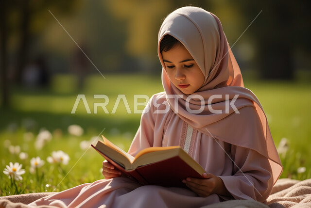 ممارسة هواية المطالعة, فتاة عربية خليجية سعودية محجبة ترتدي العباءة تجلس في الهواء الطلق تمسك بيدها كتاب, مفهوم الشغف بالقراءة والتعلم الذاتي, مكان هادئ مريح للدراسة