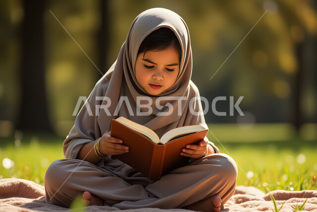 ممارسة هواية المطالعة, فتاة عربية خليجية سعودية محجبة ترتدي العباءة تجلس في الهواء الطلق تمسك بيدها كتاب, مفهوم الشغف بالقراءة والتعلم الذاتي, مكان هادئ مريح للدراسة