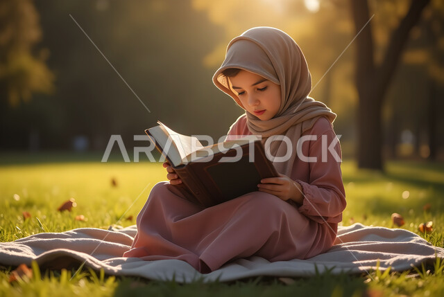 ممارسة هواية المطالعة, فتاة عربية خليجية سعودية محجبة ترتدي العباءة تجلس في الهواء الطلق تمسك بيدها كتاب, مفهوم الشغف بالقراءة والتعلم الذاتي, مكان هادئ مريح للدراسة