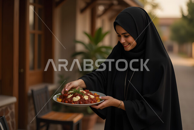 قضاء وقت ممتع في التنزه، إمرأة عربية خليجية سعودية محجبة ترتدي العباءة السوداء وتحمل بيدها طبق الطعام، مفهوم الاستمتاع في الهواء الطلق, ايماءات السعادة والسرور