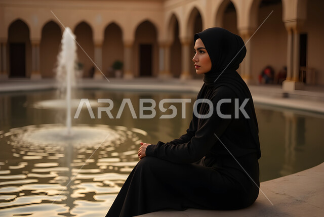 مفهوم الاستمتاع في الهواء الطلق, قضاء وقت ممتع في التنزه، إمرأة عربية خليجية سعودية محجبة ترتدي العباءة السوداء تجلس وتنظر الى مكان ما،  ايماءات الجدية والثقة بالنفس 
