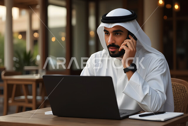 إدارة الأعمال عن بعد، استخدام جهاز تقني حديث متطور،  رجل عربي خليجي سعودي يرتدي الثوب التقليدي والغترة يجلس على كرسي مريح ويستخدم الحاسوب المحمول، دمج التكنولوجيا بالعمل، إنجاز المهام المطلوبة عبر اللابتوب، اجراء مكالمة هاتفية عبر الجوال