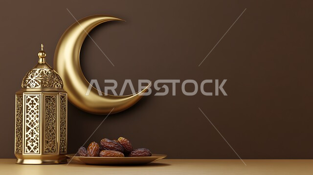 تحفة اسلامية تقليدية للاحتفال بقدوم شهر الخير، ضيافة شهر رمضان المبارك، فانوس عربي معدني مزخرف بجانب وعاء مليء بالتمر، منتج وطني محلي في المملكة العربية السعودية، وجبة افطار الصائم، خلفية بنية