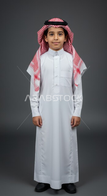 مفهوم الاناقة والوسامة، الاهتمام بالمظهر الخارجي, بورتريه لولد عربي خليجي سعودي يرتدي الثوب التقليدي والشماغ ينظر إلى الكاميرا بإيماءات السرور والسعادة، الجسم بالطول الكامل، خلفية رمادية