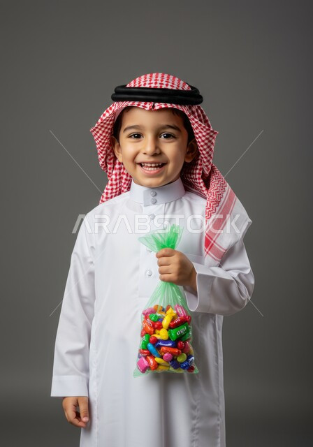 قضاء وقت ممتع في العيد، النظر إلى الكاميرا بإيماءات السرور السعادة، الاحتفال بالأعياد والمناسبات الاسلامية، بورتريه لولد عربي خليجي سعودي يرتدي الثوب التقليدي والشماغ يحمل بيده الحلوى، خلفية رمادية