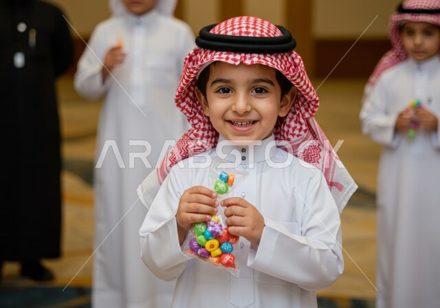 النظر إلى الكاميرا بإيماءات السرور السعادة، الاحتفال بالأعياد والمناسبات الاسلامية، صورة مقربة لولد عربي خليجي سعودي يرتدي الثوب التقليدي والشماغ يحمل بيده الحلوى، قضاء وقت ممتع في العيد