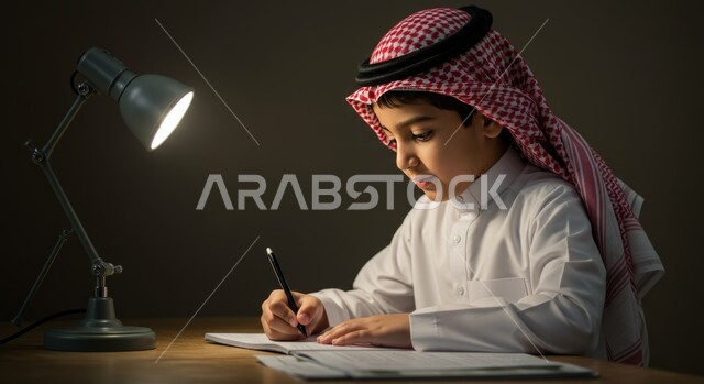 القيام بالمهام التعليمية الفعالة, اكتساب المعرفة من كتابة الواجبات، صورة مقربة من الجانب لطالب عربي خليجي سعودي يرتدي الثوب التقليدي والشماغ يجلس على طاولة الدراسة يقوم بتدوين المعلومات لفهم الدروس, ايماءات الاندماج والتركيز، الاجتهاد والاستعداد للاختبارات المدرسية