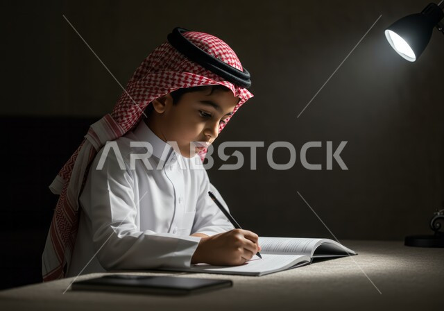 القيام بالمهام التعليمية الفعالة, اكتساب المعرفة من كتابة الواجبات، صورة مقربة من الجانب لطالب عربي خليجي سعودي يرتدي الثوب التقليدي والشماغ يجلس على طاولة الدراسة يقوم بتدوين المعلومات لفهم الدروس, ايماءات الاندماج والتركيز، الاجتهاد والاستعداد للاختبارات المدرسية
