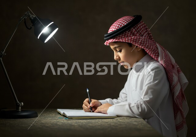 القيام بالمهام التعليمية الفعالة, اكتساب المعرفة من كتابة الواجبات، صورة مقربة من الجانب لطالب عربي خليجي سعودي يرتدي الثوب التقليدي والشماغ يجلس على طاولة الدراسة يقوم بتدوين المعلومات لفهم الدروس, ايماءات الاندماج والتركيز، الاجتهاد والاستعداد للاختبارات المدرسية