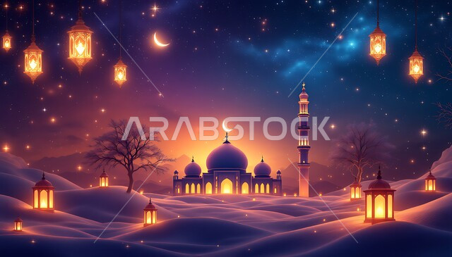 An Islamic mosque with creative designs, a 3D Islamic background, white clouds and clouds, the concept of celebration on religious occasions, a view of the stars in the sky