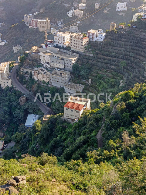 الأشجار والنباتات الخضراء على سفوح جبال فيفاء، البيوت والمباني السكنية على القمم والمرتفعات الجبلية, المدرجات الزراعية في مدينة جازان في السعودية، خلفية الطبيعة