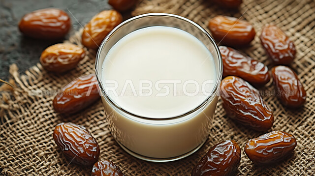 A group of healthy dates with a cup of milk, a meal with high nutritional value, hospitality in Ramadan, healthy and delicious dates, a healthy breakfast.