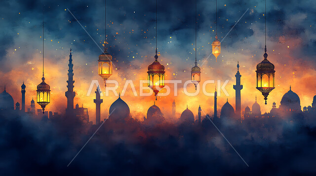 قدوم شهر الخير, رسم توضيحي ثلاثي الابعاد لمآذن وقبب المساجد الأسلامية, الفوانيس المعدنية المعلقة في وقت الليل, مفهوم العبادة والتقرب الى الله تعالى, زينة الأعياد والمناسبات الدينية, الديكورات والتصاميم الهندسية المميزة في رمضان المبارك