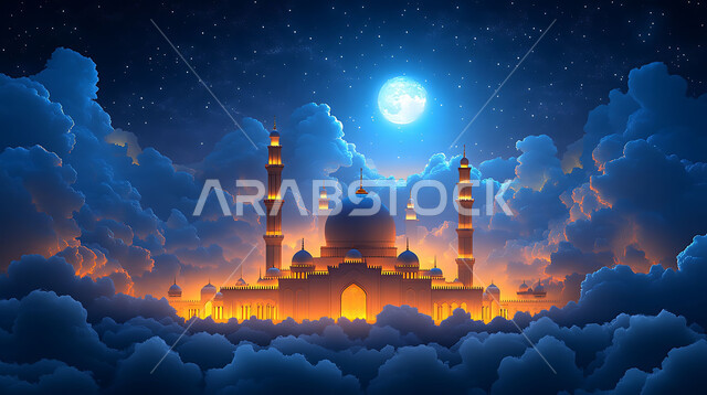 قدوم شهر الخير, رسم توضيحي ثلاثي الأبعاد لمآذن وقبب المساجد الأسلامية, منظر القمر في وقت الليل, مفهوم العبادة والتقرب الى الله تعالى, زينة الأعياد والمناسبات الدينية, الديكورات والتصاميم الهندسية المميزة في رمضان المبارك
