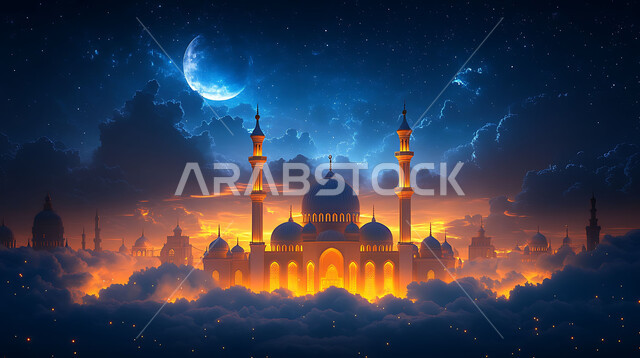 قدوم شهر الخير, رسم توضيحي ثلاثي الأبعاد لمآذن وقبب المساجد الأسلامية, منظر القمر في وقت الليل, مفهوم العبادة والتقرب الى الله تعالى, زينة الأعياد والمناسبات الدينية, الديكورات والتصاميم الهندسية المميزة في رمضان المبارك