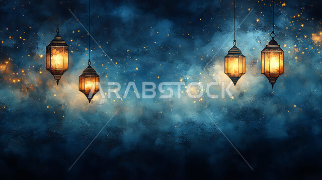 الديكورات والتصاميم الهندسية المميزة في رمضان المبارك, قدوم شهر الخير, رسم توضيحي ثلاثي للفوانيس المعدنية المعلقة في وقت الليل, مفهوم العبادة والتقرب الى الله تعالى, زينة الأعياد والمناسبات الدينية