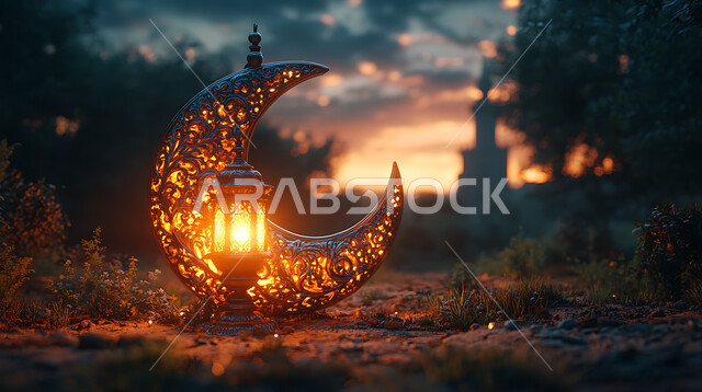 الإستعداد لقدوم رمضان المبارك، الاحتفال بالمناسبات والأعياد الدينية، هلال وفانوس معدني مضيئ مزخرف، التحف والاكسسوارات والزينة الرمضانية، التصاميم الاسلامية المميزة لفوانيس شهر الخير والبركة