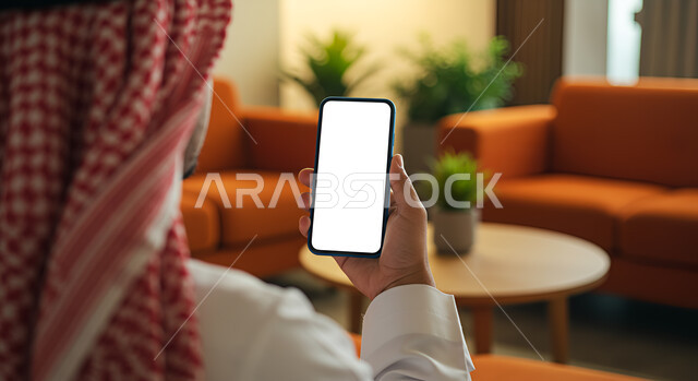  دمج التكنولوجيا الحديثة بالحياة العملية، تصفح الانترنت باستخدام الجوال، صورة مقربة من الخلف لرجل عربي خليجي سعودي يرتدي الزي التقليدي والشماغ يحمل بيده الهاتف المحمول بشاشة بيضاء فارغة