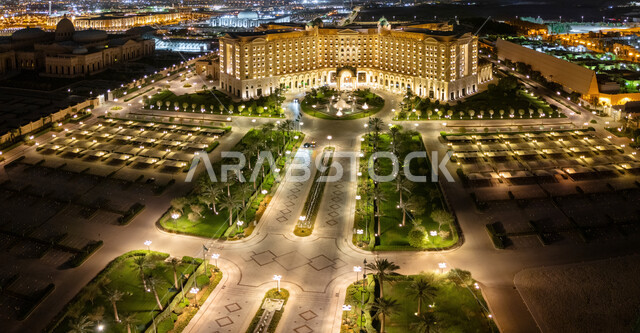 Modern architecture of hotels in Saudi Arabia, Ritz Carlton Hotel in Riyadh in the evening, landmarks and tourist attractions, exterior decorations of luxury buildings